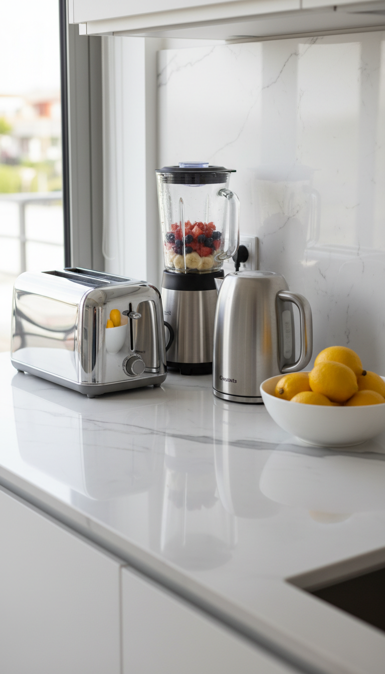 A sparkling contemporary kitchen countertop with a set of gleaming stainless steel appliances, featuring a high-shine toaster, a brushed metal kettle, and a glass blender filled with fresh fruits. The counter is immaculately clean with subtle marble veining and a modern ceramic bowl holding lemons for a pop of color. Illuminated by diffused natural daylight streaming in through an adjacent window, the lighting creates gentle reflections and emphasizes the textures. Captured at a slightly elevated, three-quarters angle, with centered composition and sharp focus throughout. The look is pristine, inviting, and embodies clean, modern photographic realism, perfectly reflecting inspiring home and kitchen ideas for the blog’s audience.