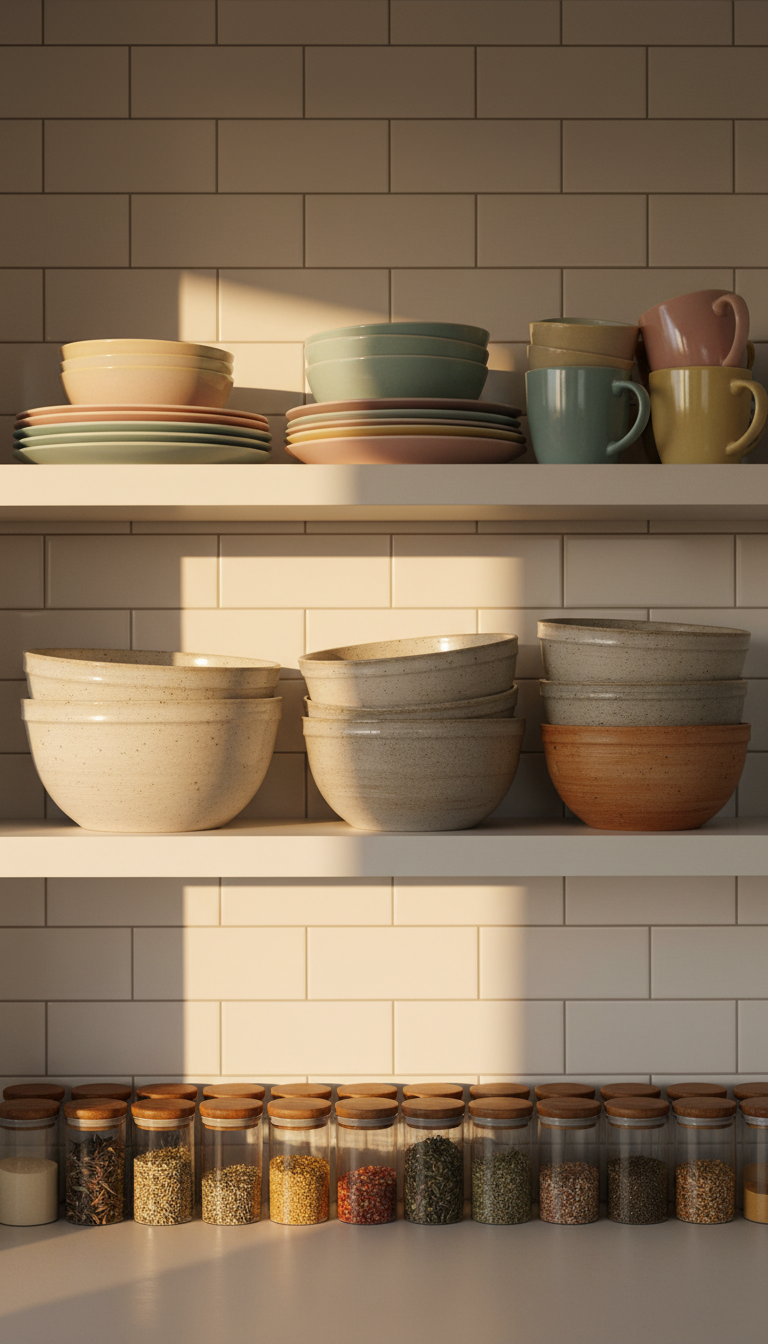 An artfully arranged open shelving display featuring neatly stacked pastel ceramic dishes, hand-thrown stoneware mixing bowls, and a row of clear spice jars with wooden lids. The backdrop is a matte white subway tile, providing a clean contrast. Golden hour sunlight gently bathes the shelves, accentuating the textures of the ceramics and casting long yet soft shadows. The image is shot straight on with a rule-of-thirds layout, drawing the eye along the line of kitchen essentials. The mood is warm, organized, and uplifting, echoing minimalist yet practical kitchen styling.