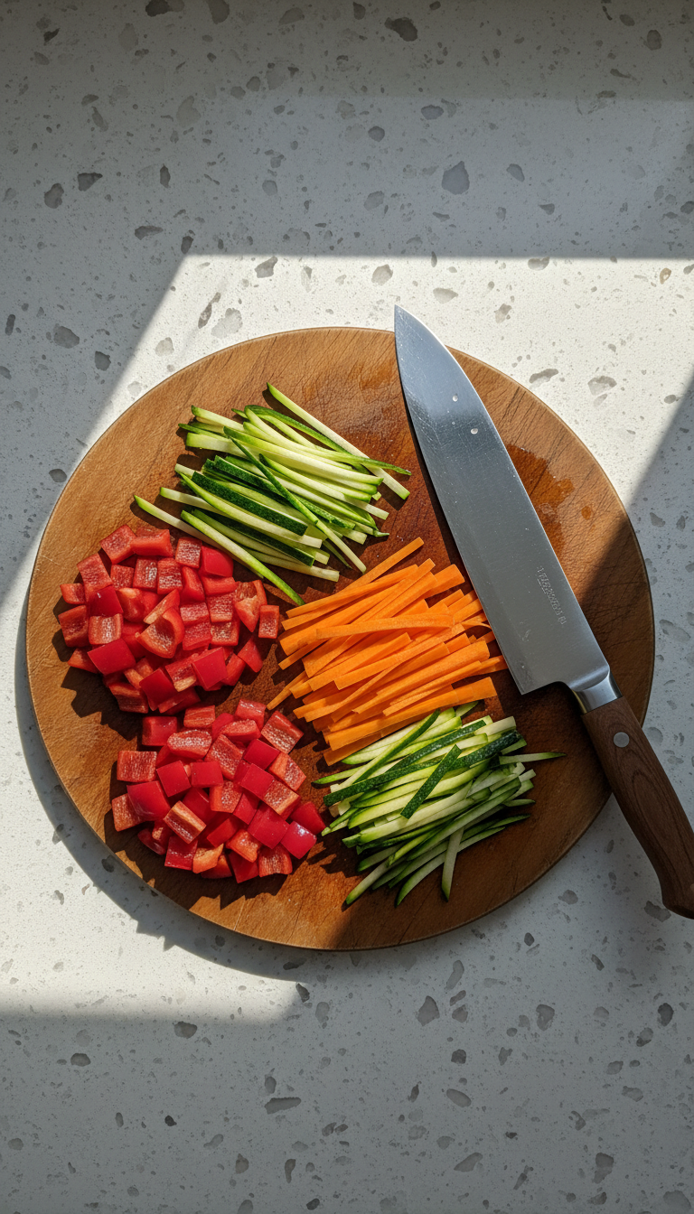 A close-up view of a wooden cutting board with vibrant chopped vegetables—crimson bell peppers, emerald zucchinis, and carrots freshly julienned—next to a razor-sharp chef’s knife with a polished handle. The board sits atop a light quartz countertop dotted with specks of sunlight spilling in from a nearby skylight, creating crisp highlights and gentle glows on the vegetable surfaces. Captured from a bird’s eye view, the composition delivers clarity and instructional focus, embodying a bright, clean, and modern food preparation tip for home cooks.