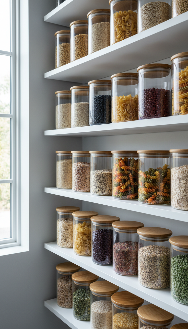A minimalist pantry scene showcasing glass storage containers with bamboo lids, filled with neatly organized whole grains, legumes, and colorful pasta. The containers are positioned on smooth white open shelves against a soft dove-gray wall. Cool ambient daylight filters in from the side, producing a serene and fresh atmosphere, with subtle shadows enhancing the clean lines and transparency of the glass. Shot from an eye-level perspective for an accessible-feeling view, this photographic realism style delivers calm, order, and the aspirational look of an efficient, stylish kitchen storage solution.